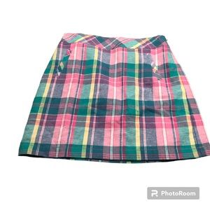 Talbots Madras Plaid Linen Blend Skirt 2P Petite Pinks Greens A-Line  NWT